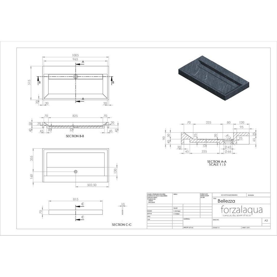 Wastafel Forzalaqua Bellezza Graniet Gezoet Zonder Kraangat 100,5x51,5x9 cm