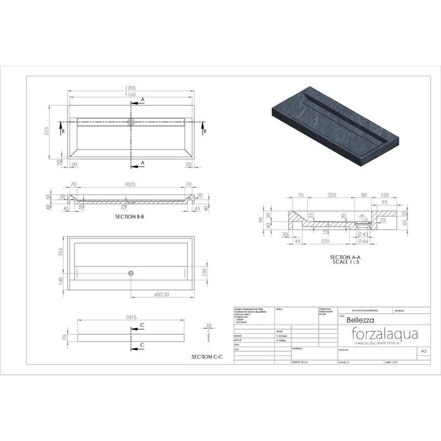 Wastafel Forzalaqua Bellezza Graniet Gezoet Zonder Kraangat 120,5x51,5x9 cm