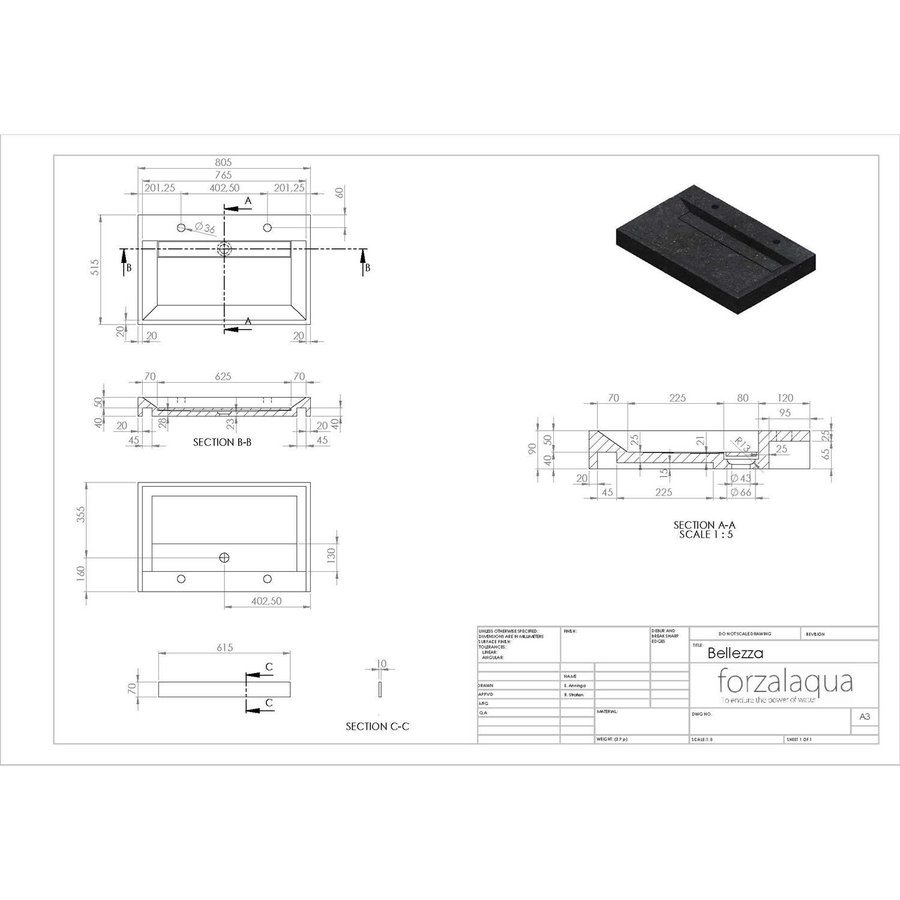 Wastafel Forzalaqua Bellezza Graniet Gezoet 2 Kraangaten 80,5x51,5x9 cm