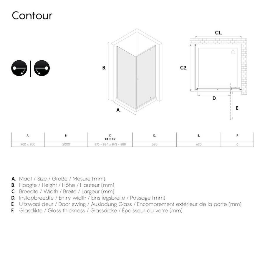 Sealskin Get Wet Contour Douchecabine met Draaideur 90x90 cm 6mm Helderglas Mat Zwart