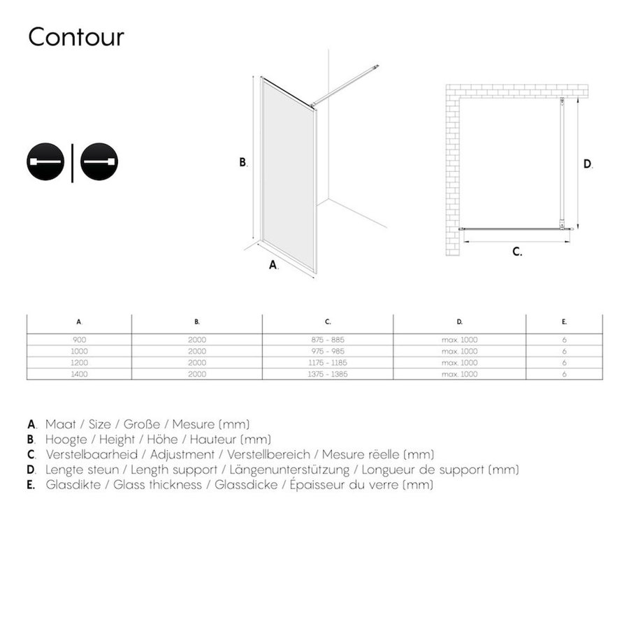 Sealskin Get Wet Contour Inloopdouche A3 90x200 cm 6mm Helderglas Mat Zwart