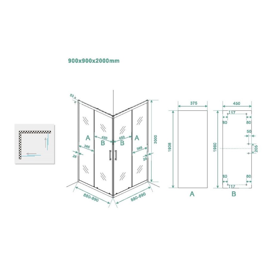 Douchecabine Boss & Wessing Vierkant Hoekinstap 2 Schuifdeuren 90x90x200cm 8mm Helder Glas met Nano Coating Mat Zwart