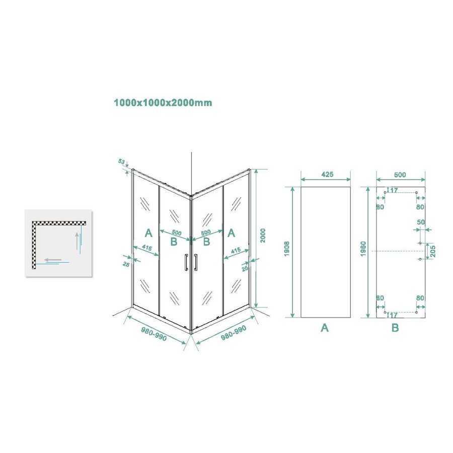 Douchecabine Boss & Wessing Vierkant Hoekinstap 2 Schuifdeuren 100x100x200cm 8mm Helder Glas met Nano Coating Mat Zwart