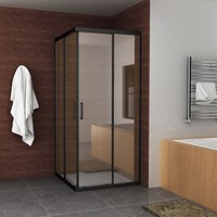 Douchecabine Boss & Wessing Vierkant Hoekinstap 2 Schuifdeuren 100x100x200cm 8mm Helder Glas met Nano Coating Mat Zwart