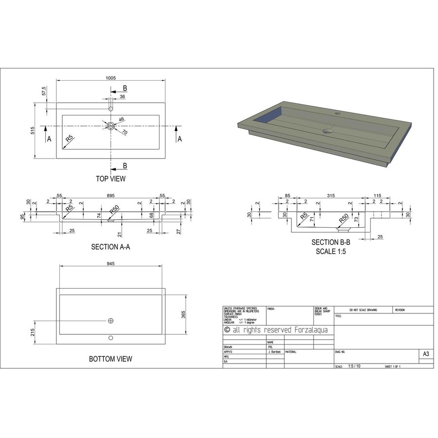 Wastafel Forzalaqua Helsinki Hardsteen Gefrijnd Met Kraangat 100,5x51,5x9,5 cm