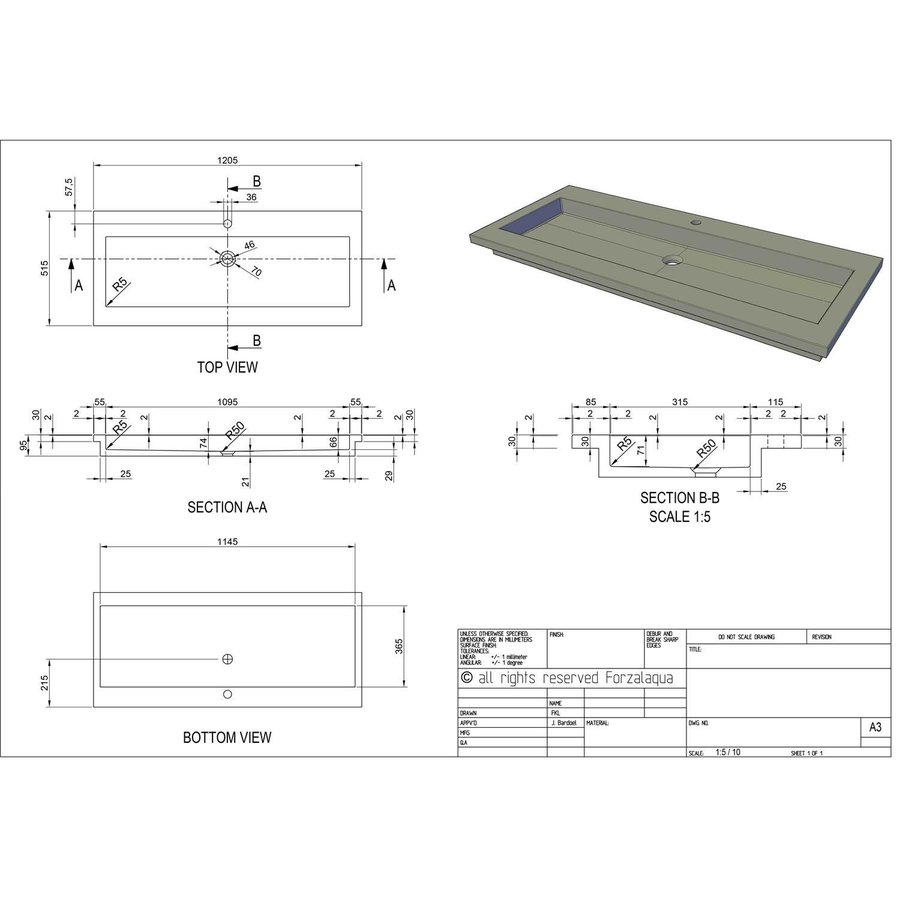 Wastafel Forzalaqua Helsinki Hardsteen Gefrijnd Met Kraangat 120,5x51,5x9,5 cm