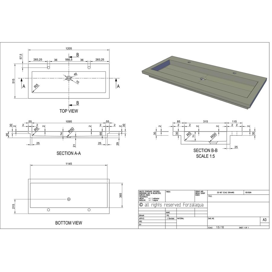 Wastafel Forzalaqua Helsinki Hardsteen Gefrijnd Met 2 Kraangaten 120,5x51,5x9,5 cm