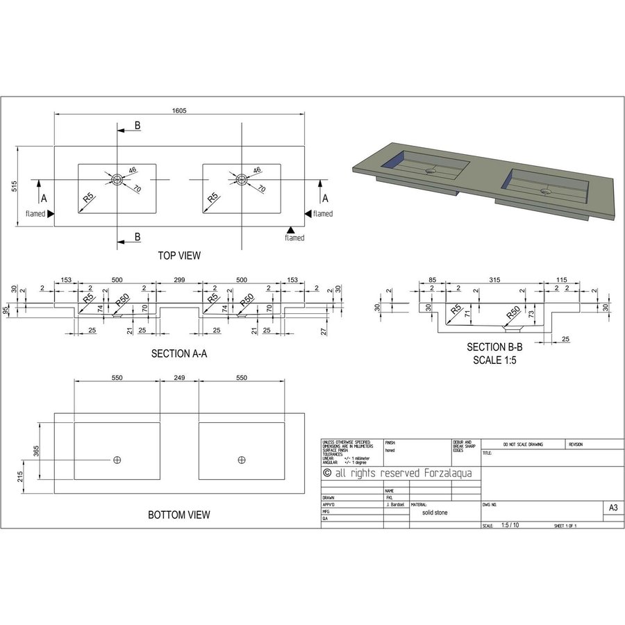 Wastafel Forzalaqua Helsinki Hardsteen Gefrijnd Zonder Kraangat 160,5x51,5x9,5 cm