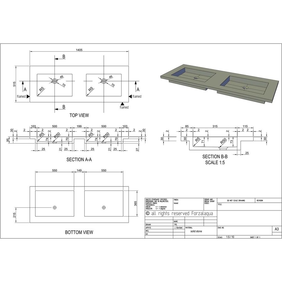 Wastafel Forzalaqua Helsinki Hardsteen Gezoet Zonder Kraangat 140,5x51,5x9,5 cm