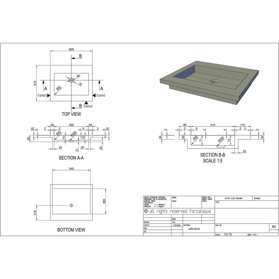 Wastafel Forzalaqua Helsinki Hardsteen Gezoet Zonder Kraangat 60,5x51,5x9,5 cm