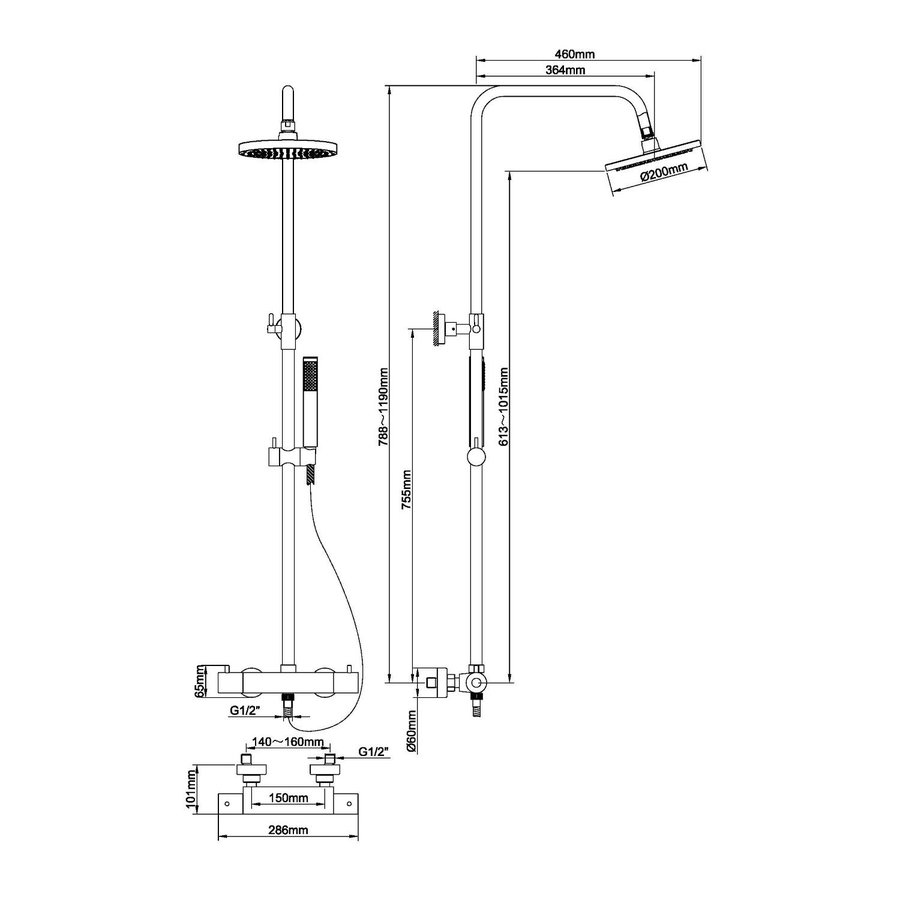 Opbouw Regendouche Set Boss & Wessing Cemal Thermostatisch Gunmetal