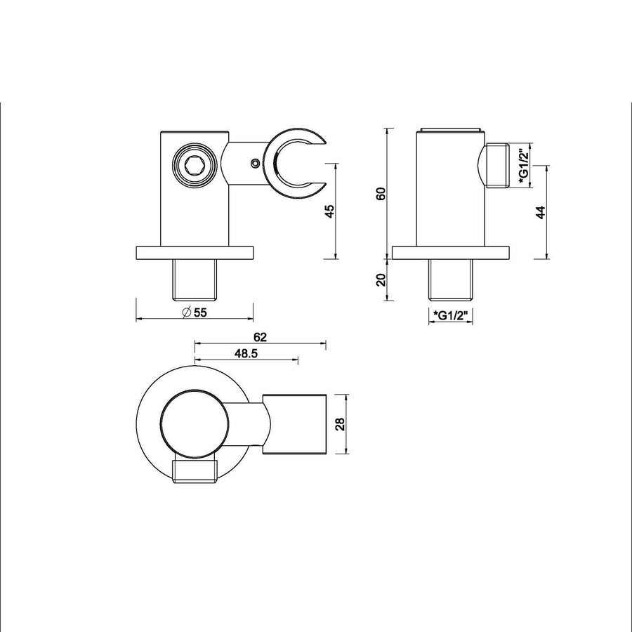 Doucheaansluiting BWS Handdouchehouder Rond Met Kantelbare Opsteek 1/2" Messing Gunmetal