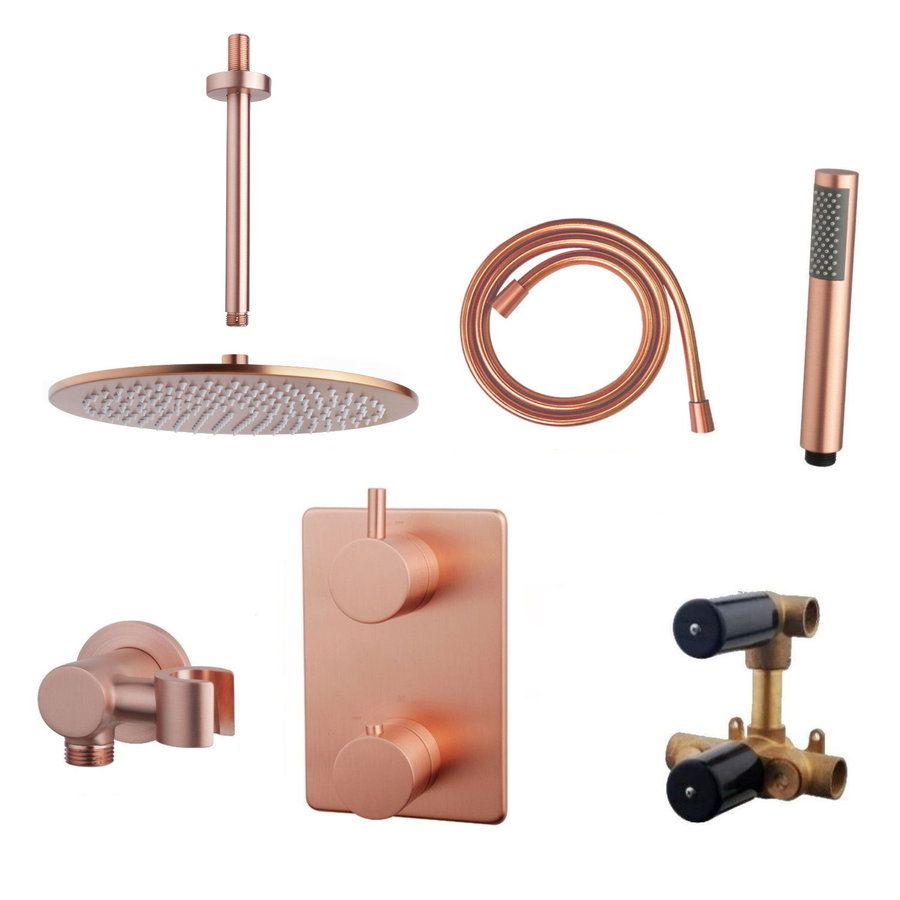 Thermostatisch Inbouwdoucheset Aqua Splash Plafonduitloop Rond 30 cm Geborsteld Koper