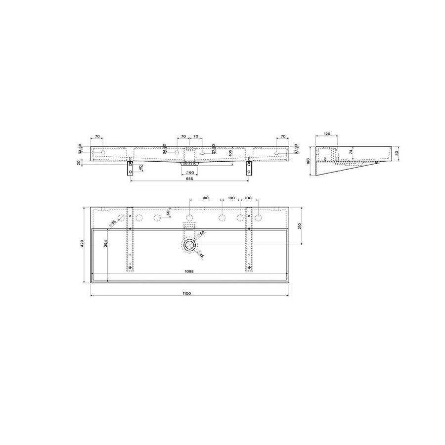 Clou New Wash Me Wastafel 110x42x8cm Met 3 Voorbewerkte Kraangaten Mat Zwart Keramiek