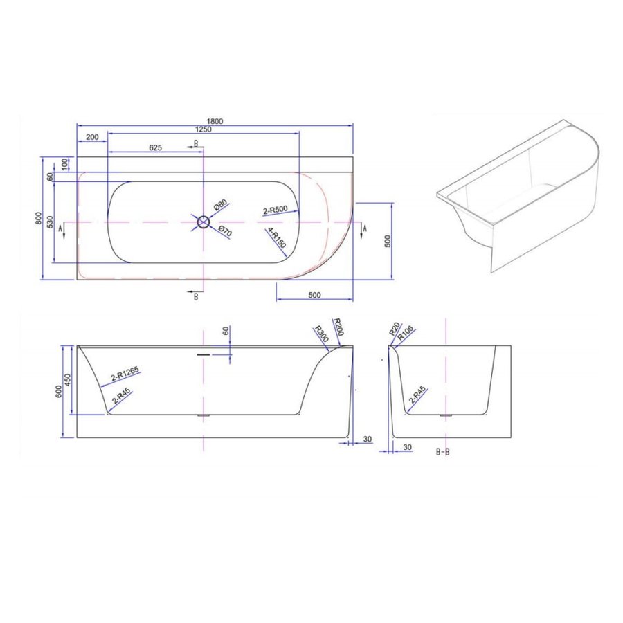 Half Vrijstaand Hoekbad Links Luca Sanitair Primo Acryl 180x80x60 cm Mat Wit (inclusief afvoer en sifon)