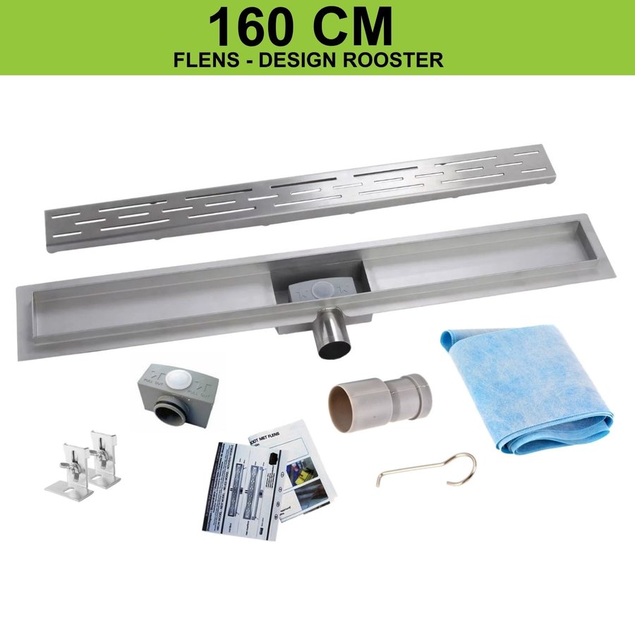 RVS Douchegoot flens met uitneembaar sifon 160x7cm 6,7cm diep STANDAARD ROOSTER