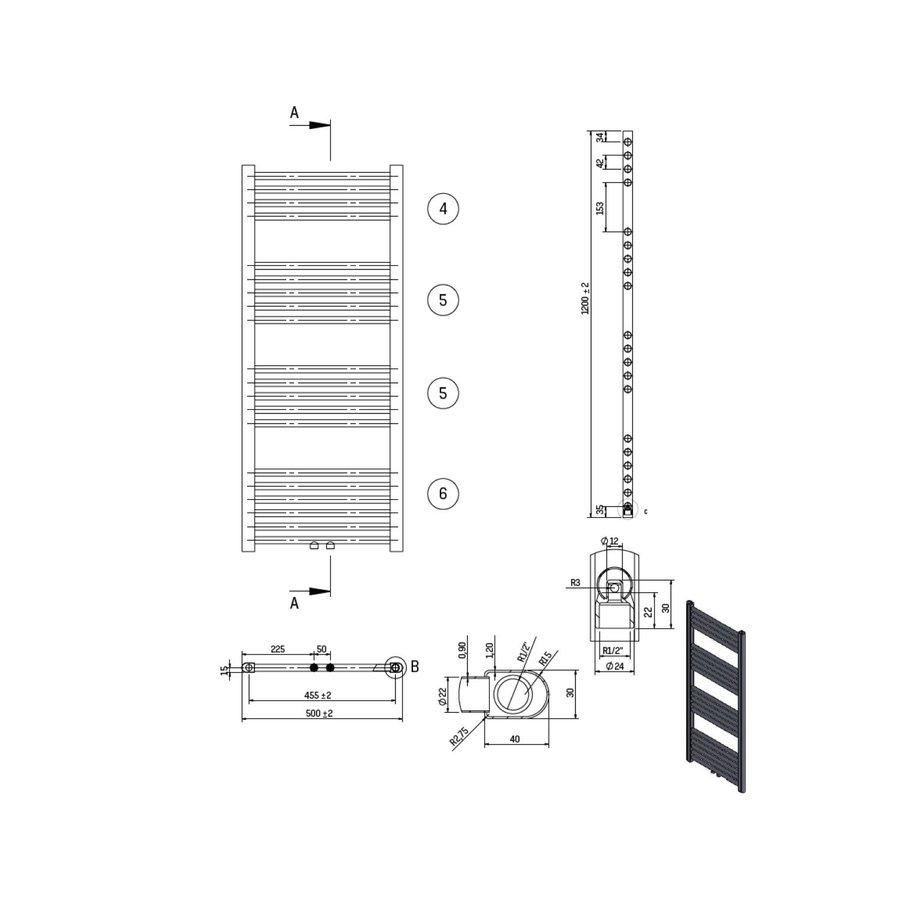 Designradiator Nile Gobi 120x50cm Geborsteld Mat Zwart midden-onderaansluiting