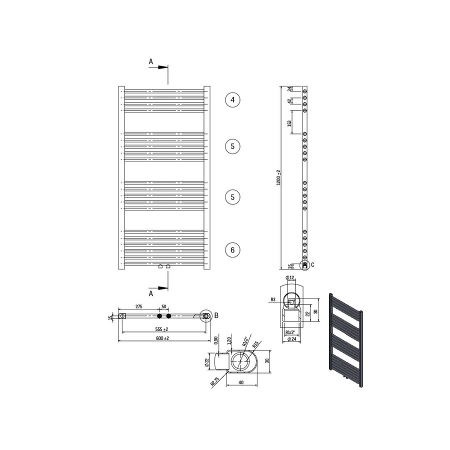 Designradiator Nile Gobi 120x60cm Geborsteld Mat Zwart midden-onderaansluiting