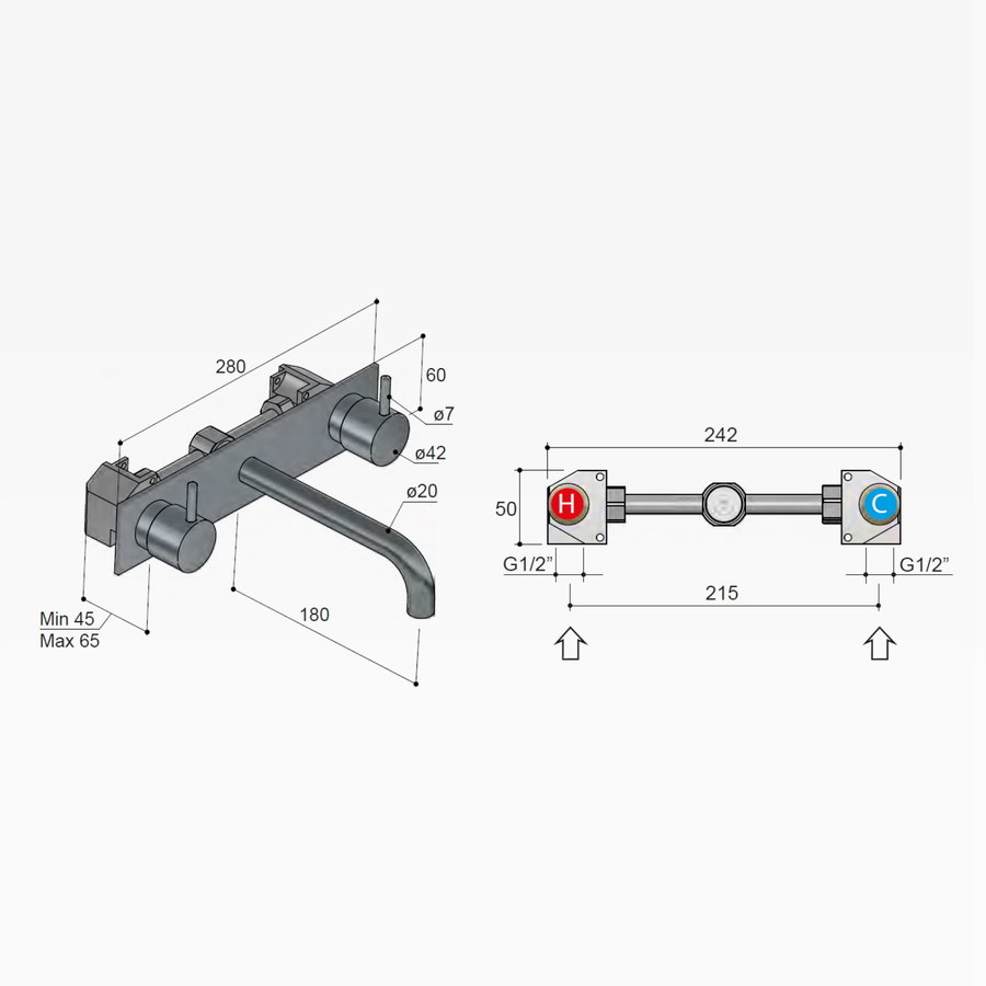 Wastafelmengkraan Hotbath Cobber Inbouw 2-hendel Met Achterplaat Gebogen 18 cm (15 Verschillende Kleuren)