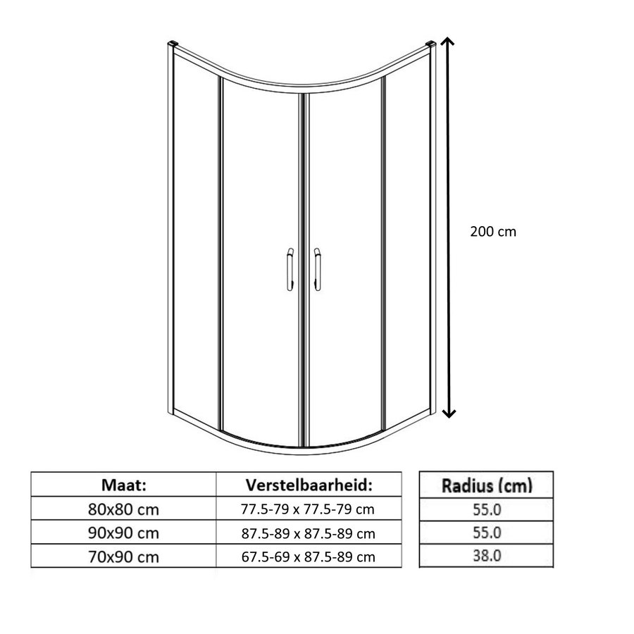 Douchecabine Lacus Vulcano Evo Kwartrond Mat Glas Aluminium Profiel Chroom (alle maten)