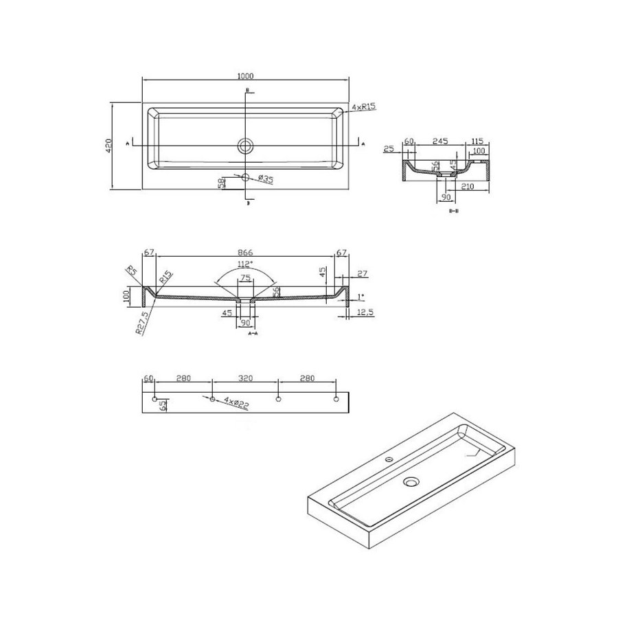 Wastafel Best Design Opera-100 Just-Solid 100x42x10 cm Mat Zwart