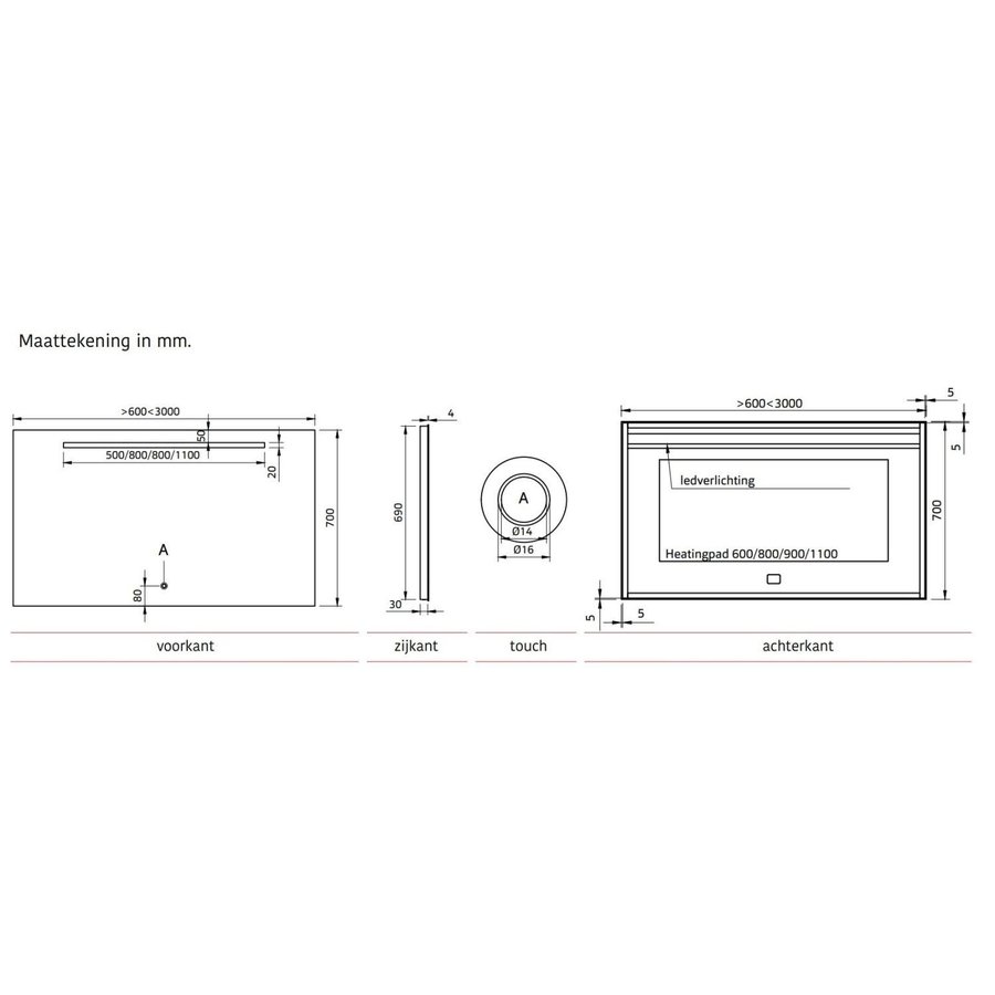 Badkamerspiegel Xenz Bardolino 160x70 cm met Ledverlichting en Spiegelverwarming