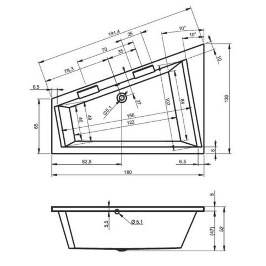 Hoekbad Doppio 180x130x47 cm rechts/links wit