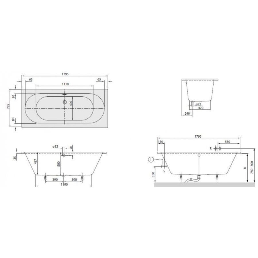 Ligbad O.novo 180x80x50 cm wit