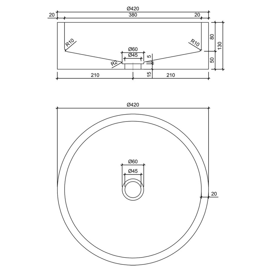 Waskom Differnz Marba Rond 42x42x13 cm Beton Donker