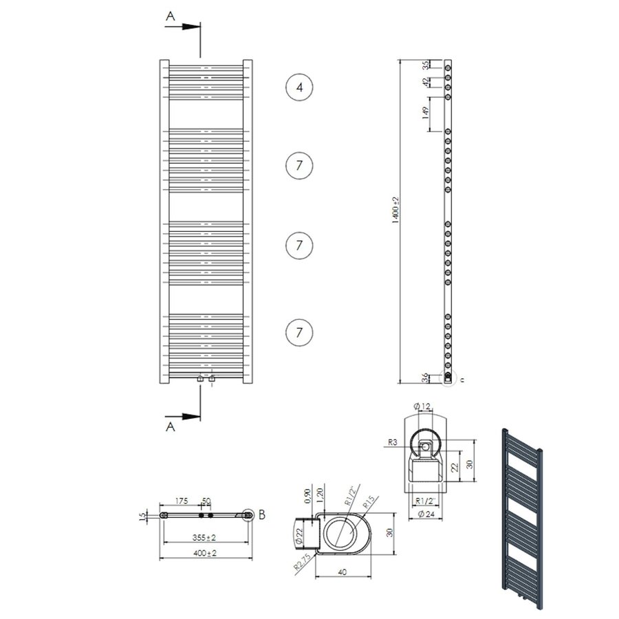 Designradiator Nile Gobi 140x40cm 556W Wit (Midden/zij-aansluiting)