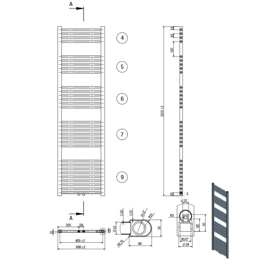 Designradiator Nile Gobi 180x50cm 821W Wit (Midden/zij-aansluiting)