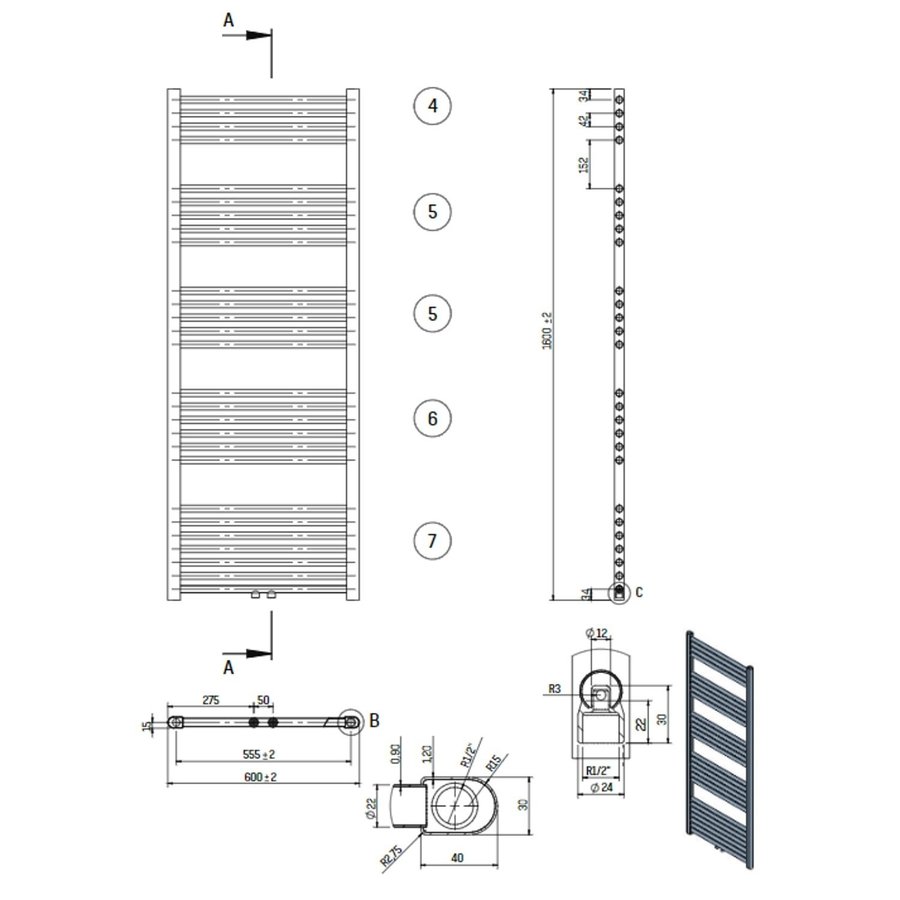 Designradiator Nile Gobi 160x60cm 828W Wit (Midden/zij-ansluiting)