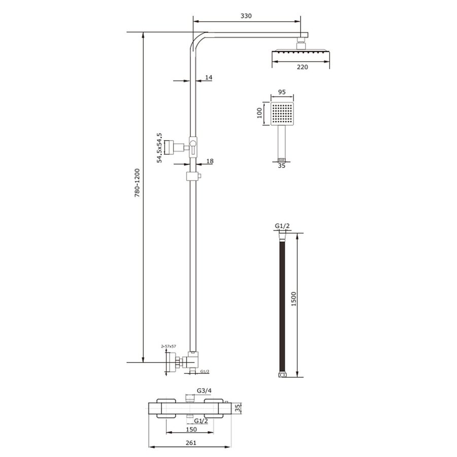 Opbouw Regendouche Set Boss & Wessing Quadro Thermostatisch Hoofddouche 22 cm Vierkant Chroom