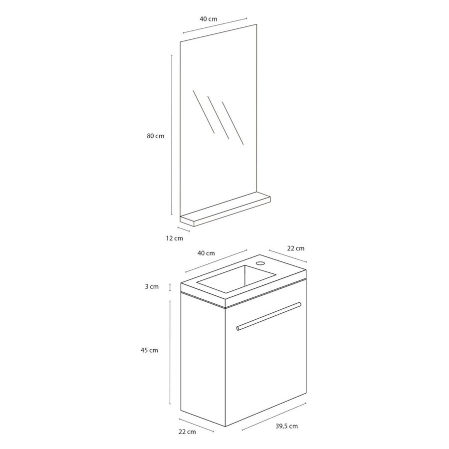 Fonteinmeubelset Differnz Tight 40x22 cm Met Spiegel en Planchet Wit