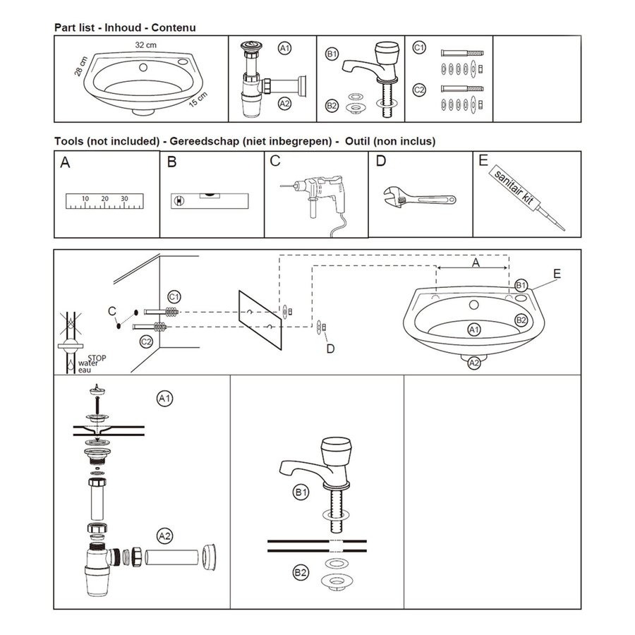 Fonteinset Differnz Gaia 32x28x15cm Wit Met Kraan en Sifon
