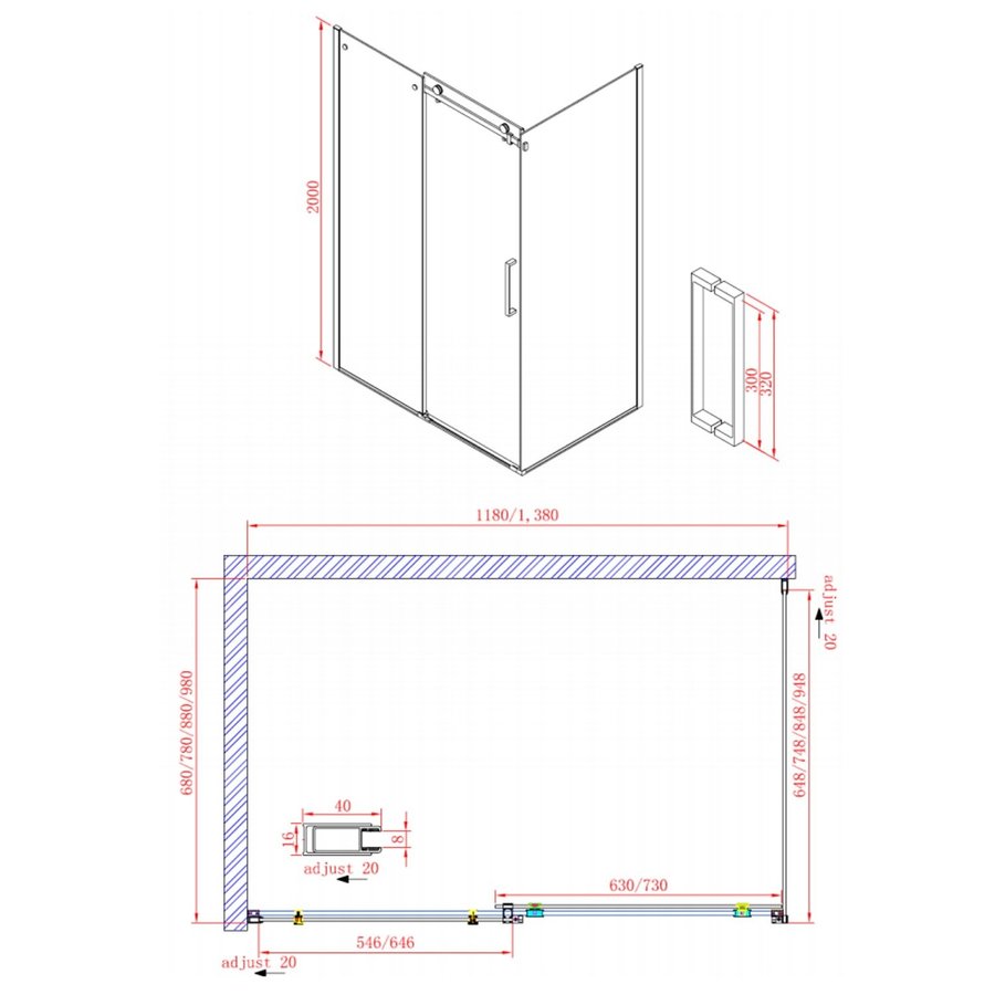 Douchedeur Boss & Wessing Rollo Schuifdeur 120x200 cm 8 mm Nano coating RVS Look