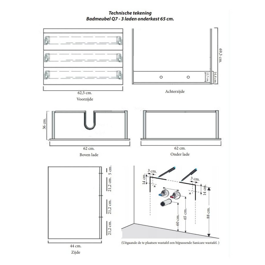Onderkast Sanicare Q7 Drie Soft-Closing Laden 65x45 cm Belluno-Eiken