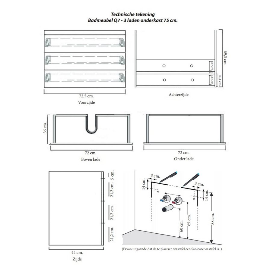 Onderkast Sanicare Q7 Drie Soft-Close Laden Greeploos 75x45 cm Belluno-Eiken