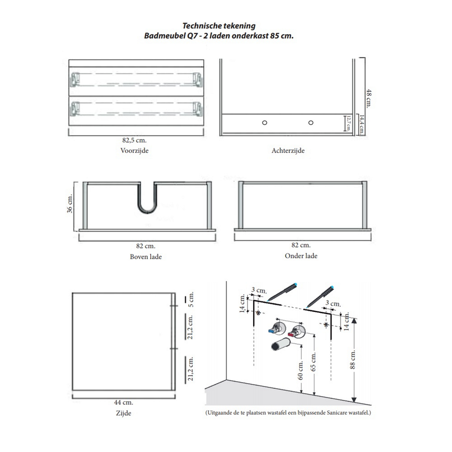 Onderkast Sanicare Q7 Twee Soft-Closing Laden 85x45 cm Belluno-Eiken