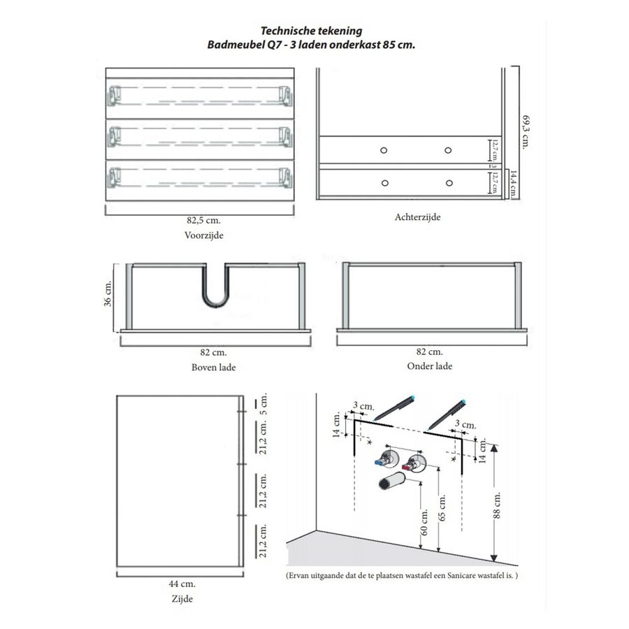 Onderkast Sanicare Q7 Drie Soft-Close Laden Greeploos 85x45 cm Belluno-Eiken