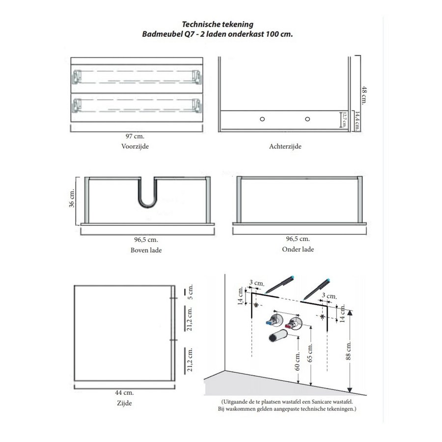 Onderkast Sanicare Q7 Twee Soft-Closing Laden 100x45 cm Belluno-Eiken