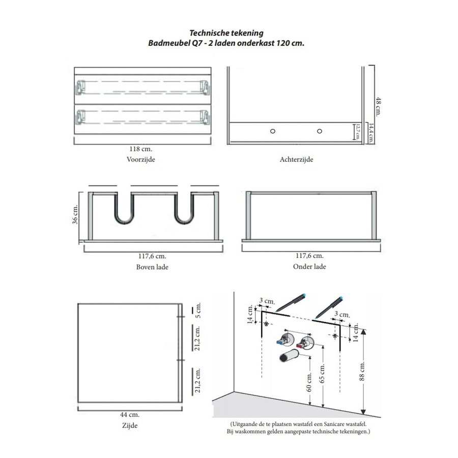 Onderkast Sanicare Q7 Twee Soft-Closing Laden 121x46 cm Belluno-Eiken