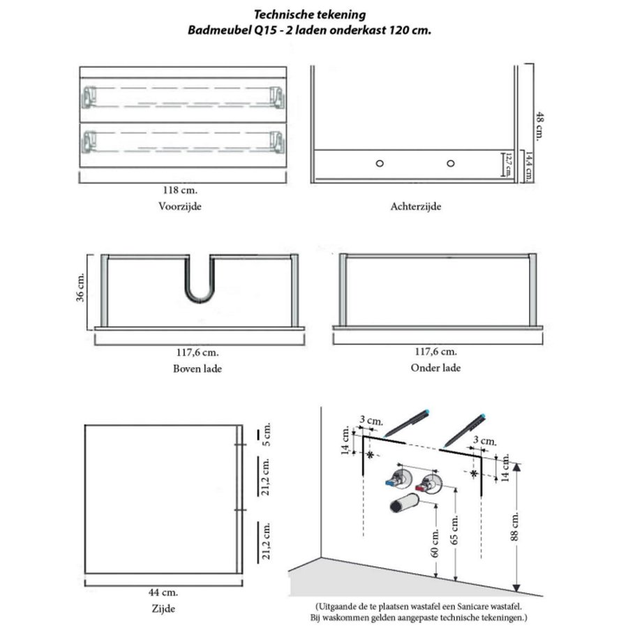 Onderkast Sanicare Q15 2 Laden Chromen Greep Soft-Close 120x45 cm Belluno-Eiken
