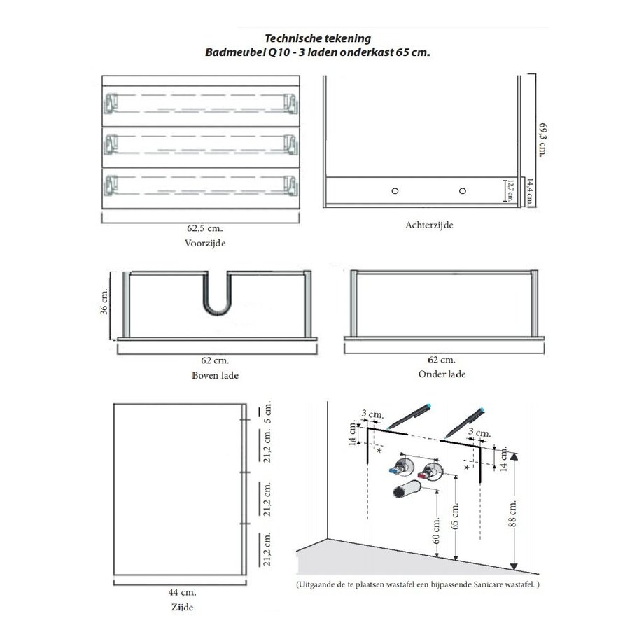 Onderkast Sanicare Q9/Q10 Drie Laden Chromen Greep Soft-Close 65x46 cm Belluno-Eiken