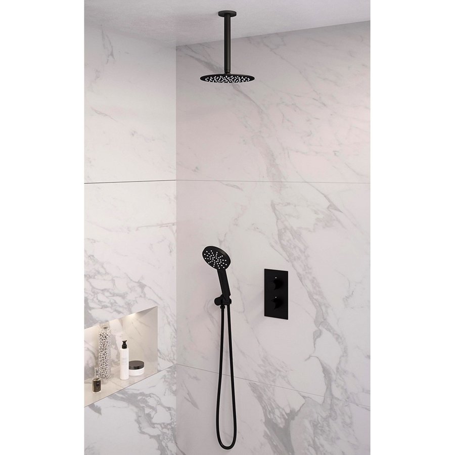 Inbouw Regendouche Set Brauer Black Edition Plafond Uitloop Ronde Hoofddouche 20 cm Met Handdouche 3 Standen Mat Zwart