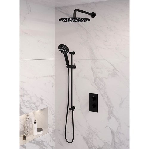 Inbouw Regendouche Set Brauer Black Edition Gebogen Wanduitloop Ronde Hoofddouche 30 cm Met Glijstang en Handdouche 3 Standen Mat Zwart 