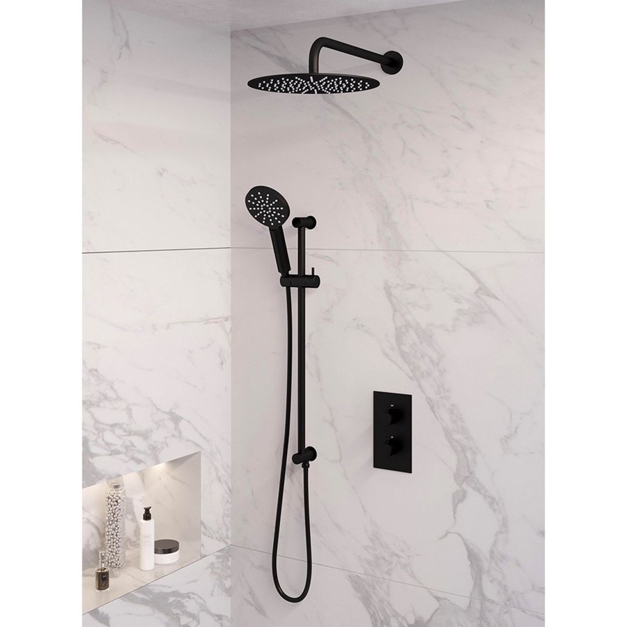 Inbouw Regendouche Set Brauer Black Edition Gebogen Wanduitloop Ronde Hoofddouche 30 cm Met Glijstang en Handdouche 3 Standen Mat Zwart