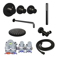 Inbouw Regendouche Set Brauer Black Edition Gebogen Wanduitloop Ronde Hoofddouche 20 cm Met Twee Stopkranen Mat Zwart