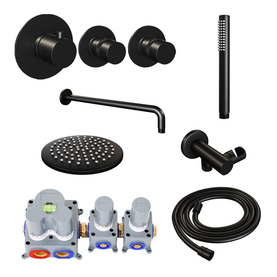 Inbouw Regendouche Set Brauer Black Edition Gebogen Wanduitloop Ronde Hoofddouche 20 cm Met Twee Stopkranen Mat Zwart