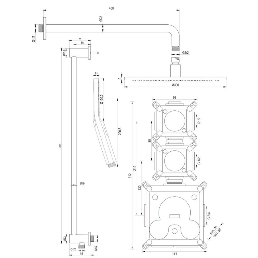 Inbouw Regendouche Set Brauer Black Edition Gebogen Wanduitloop Ronde Hoofddouche 30 cm Met Twee Stopkranen Handdouche 3 Standen en Glijstang Mat Zwart